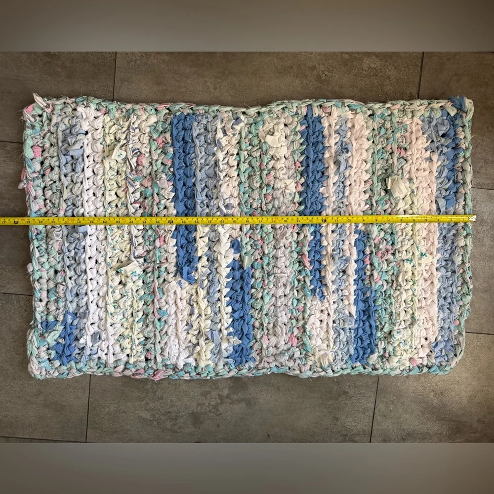 Handmade crocheted rag rug bathroom mat 21x35”